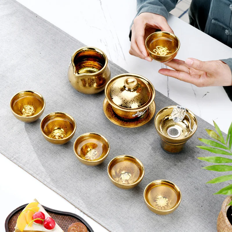 

9 Pcs 24k Gold-plated Tea Set Chinese Kung Fu Teaset Luxury Travel Tea Set Bone China Tea Pot Teacup Gaiwan Tea Accessories