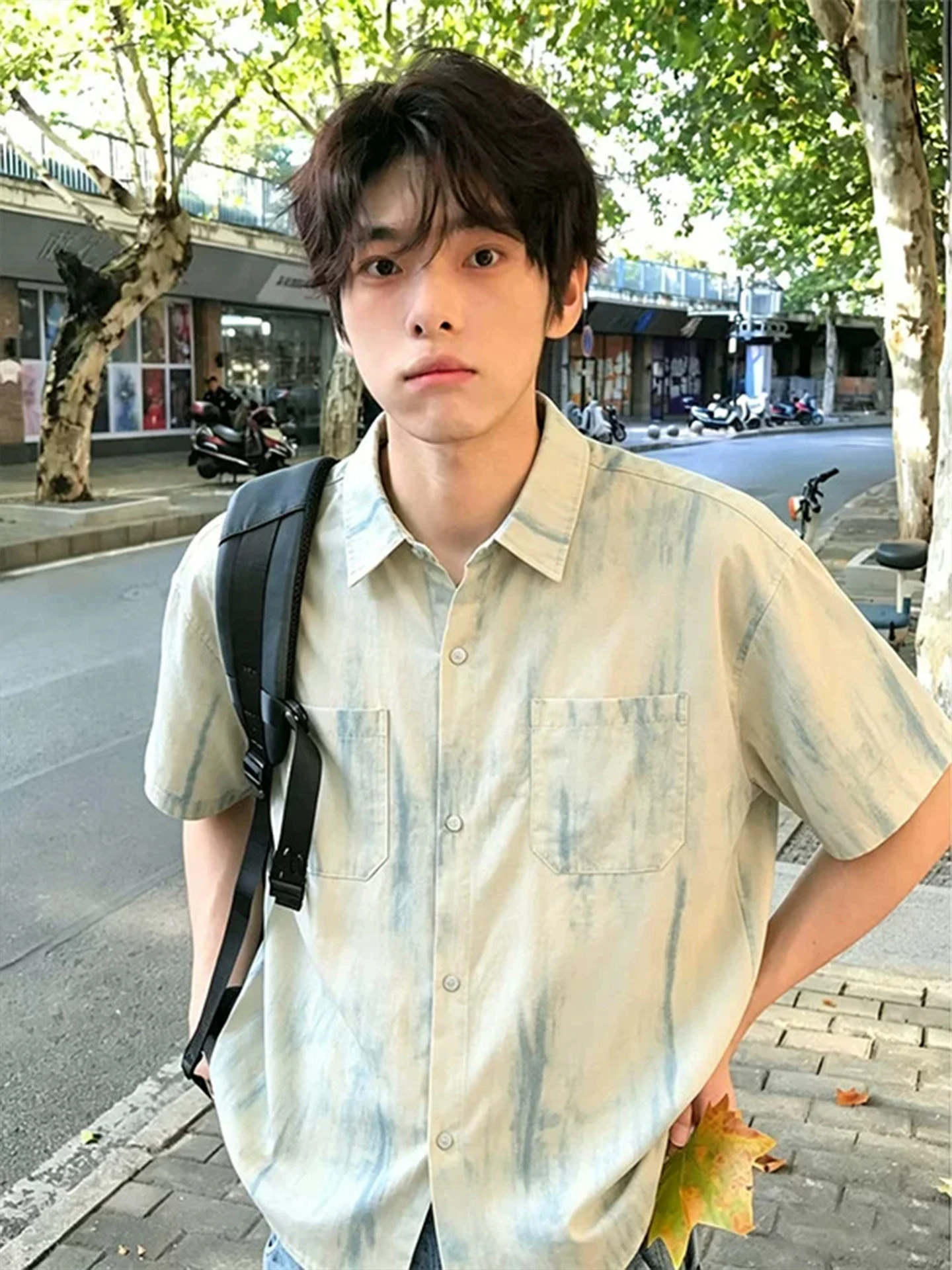 Kaki Gradient Dyed Short Sleeve Men's Shirt Casual Workwear Summer Outerwear Anti-Uv Light Weight Polyester Fiber