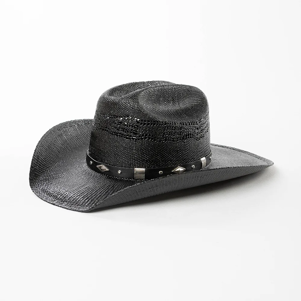 

Hot Selling New Fashion Hardened Papyrus Metal Rivet Belt Large Brim Cowboy Straw Hat Outdoor Sun Protection Hat