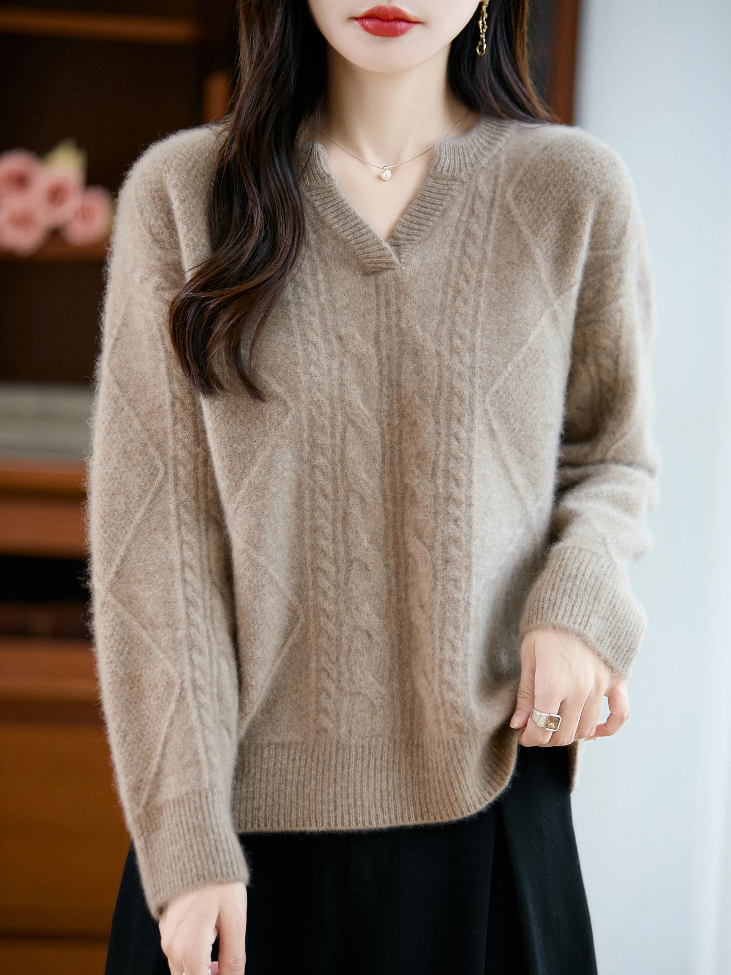 TLOML New Women V-neck Cable Knit Pullover Thick Cashmere Sweater Casual Loose 100% Merino Wool Knitwear Autumn Winter Warm Tops