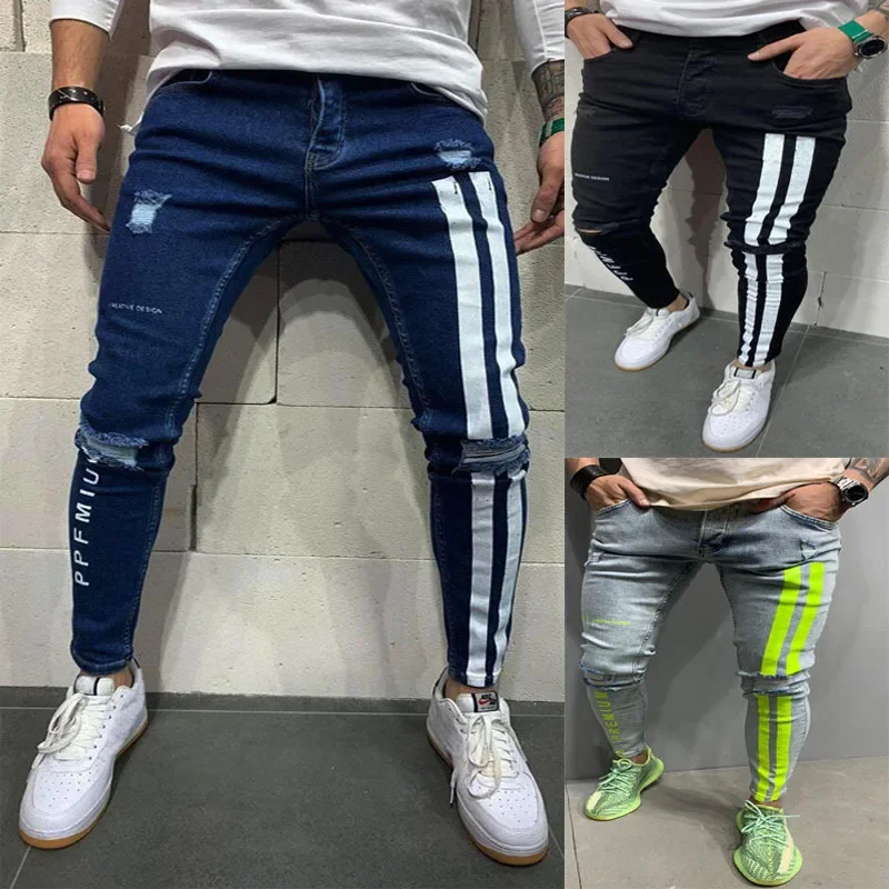 Pencil Ripped Holes Jean Men Ankle Length Trousers Print Jean Skinny Pockets Zipper Fly Casual Washed Distressed High Street