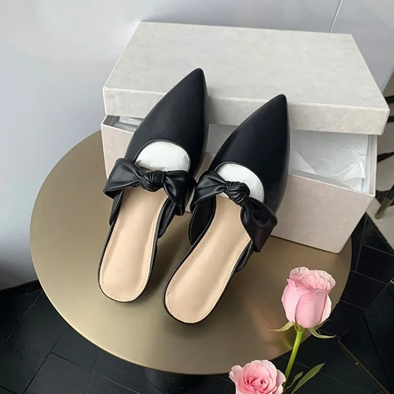 

Pointed Toe Women Slipper Concise Solid Color Flats New Butterfly Knot Ladies Shoes INS Hot Sale Slip On Leisure Zapatos Mujer