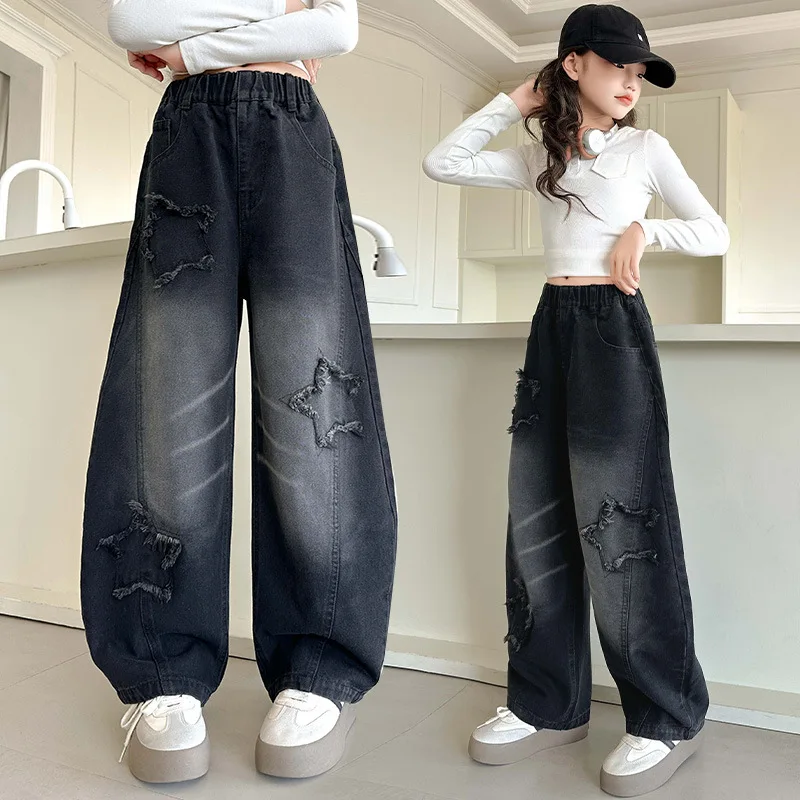 New 2025 Autumn Teenager Girls Jeans Five-Pointed Star Wide Leg Long Pants Baggy Denim Trousers for Kids 4 5 6 7 8 9 10 11 12 14