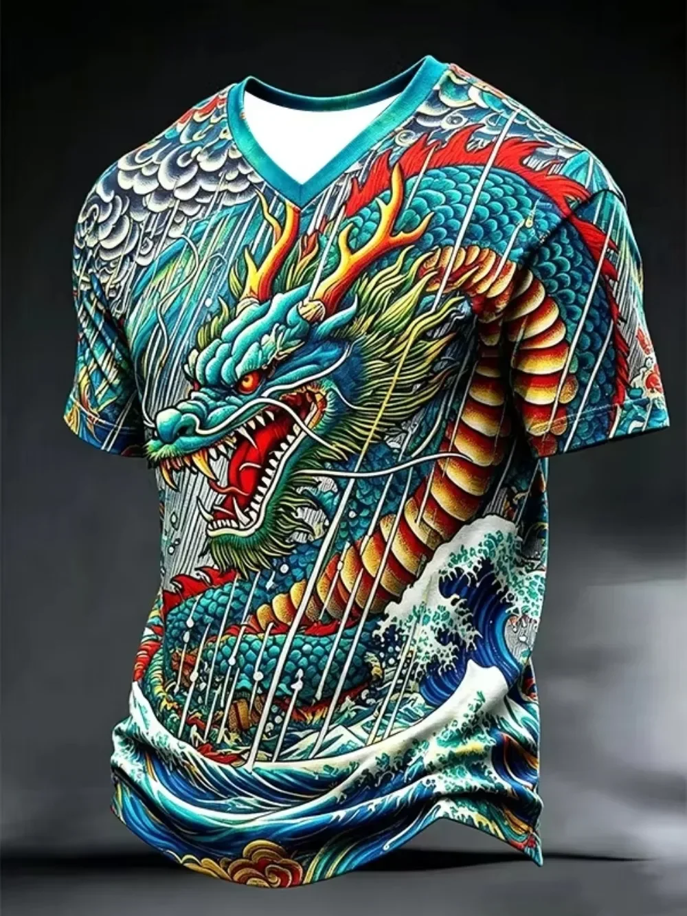 Japanese Ukiyo-e Blue Dragon Wave Pattern Sport Quickdry Breath 3D Print Men V-Neck T-Shirt Street Fashion Parent-child Clothing