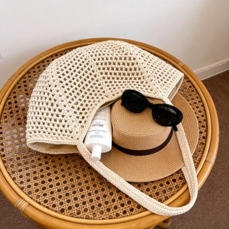 Knitted Hollow Beach Bag Women Shopping Casual Handbag Makeup Woven Tote Bag Toy Storage Basket Home Accessory Clothes Organizer