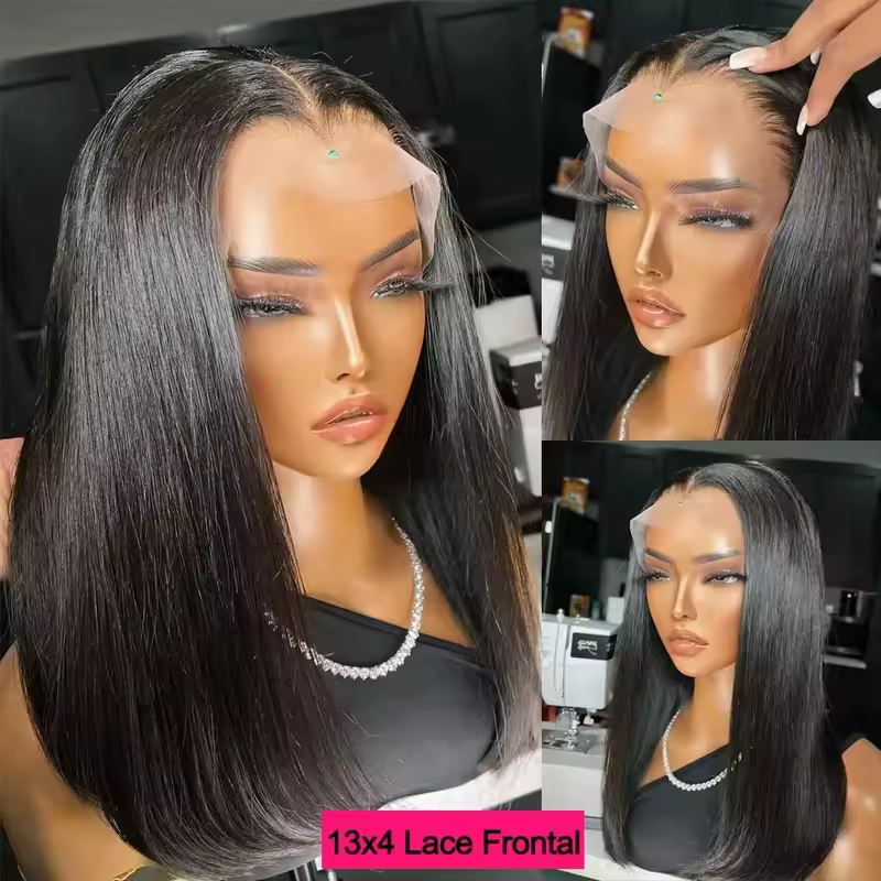 Straight Short Bob Wig Human Hair 13x4 Transparent Lace Front Wigs 200 Density Natural Black Bone Straight Short Human Hair Wigs - Image 3