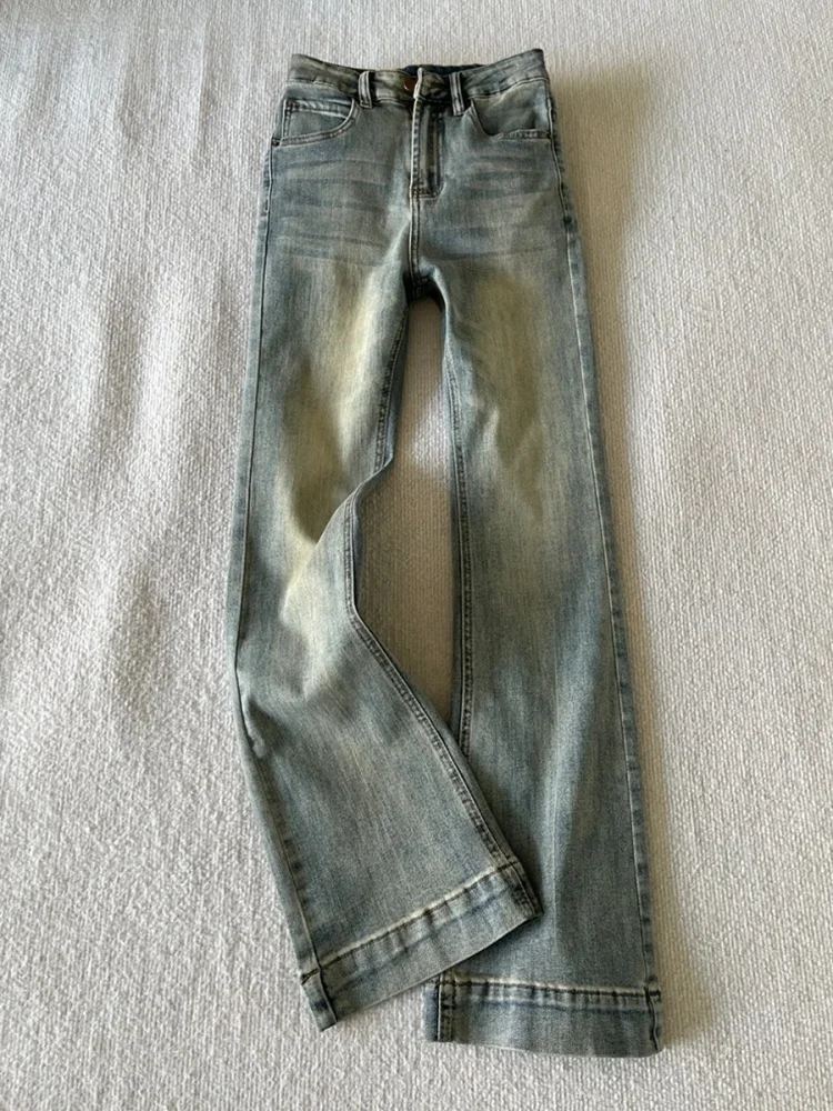 Jeans de Mezclilla de Cintura Alta Elásticos Estilo Retro Americano, Micro Acampanados, para Mujer, Otoño, Nuevo, Talla and...