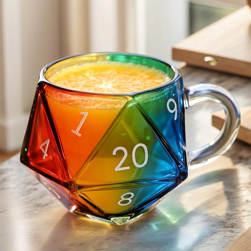 Rainbow Dungeons & Dragons D20 Dice Mug With Handle Polyhedral Dice Coffee Cup Transparent Glass Game Mug Gift For Fantasy Lover