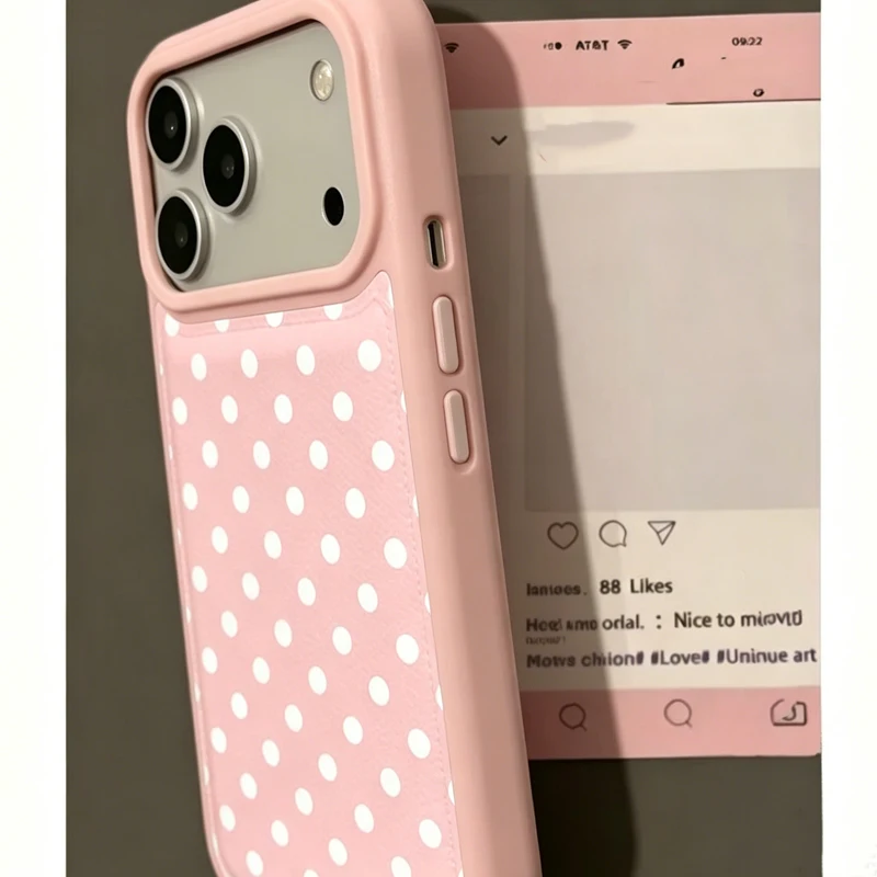 Ins Korean Trendy Cute Pink Polka Dots Pattern Leather Phone Case For iPhone 17 Air 16 15 14 13 12 11Pro Max Plus Y2K Back Cover - view 4