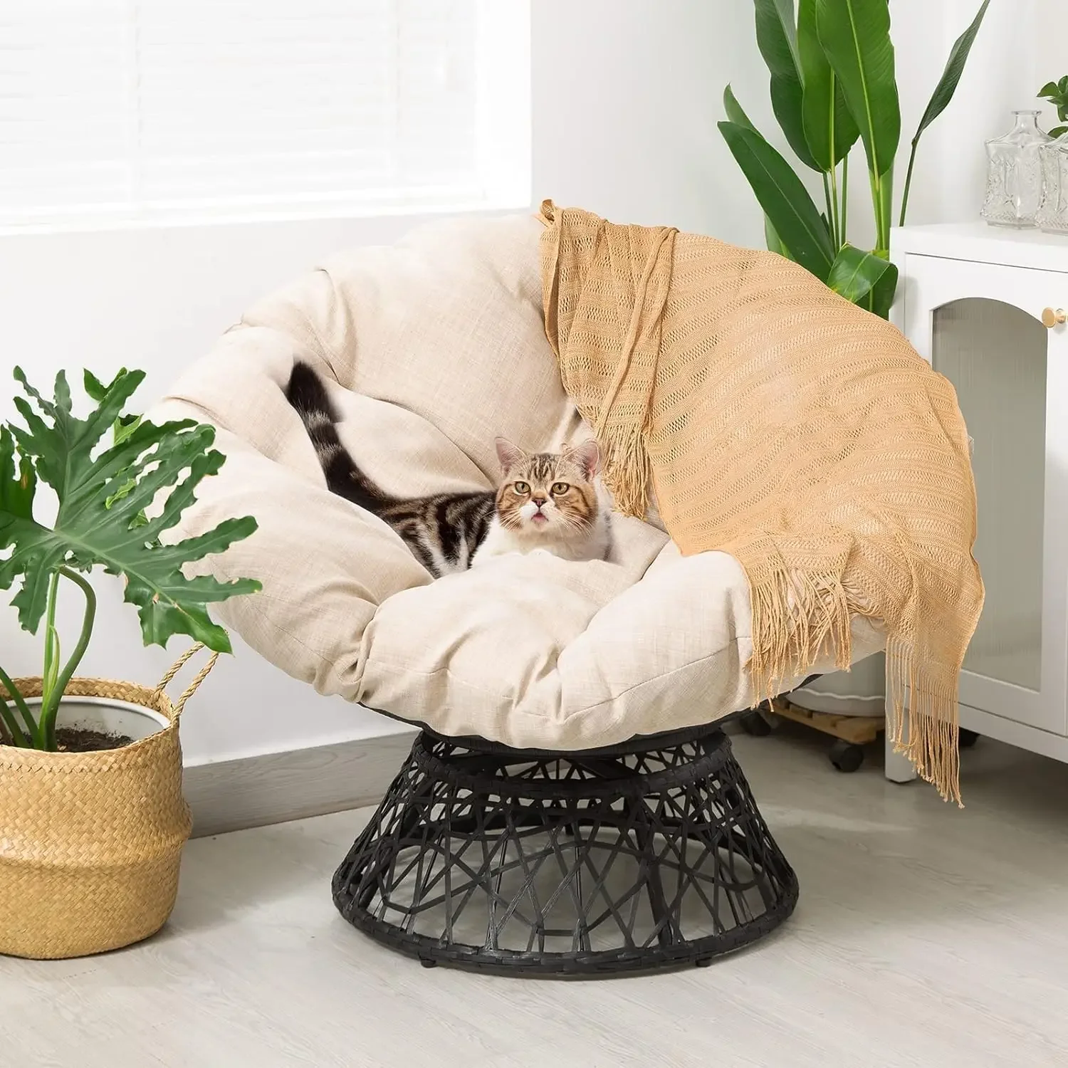 Ergonômico Wicker Papasan Cadeira com Macia Espessura Densidade Tecido Almofada, High Capacity Steel Frame, 360 Graus Giratório, Bme 40"