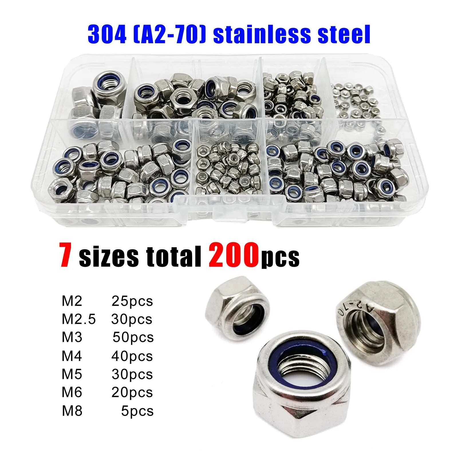 200pcs/box Mix M2 M2.5 M3 M4 M5 M6 M8 Set Hexagon Nylon Insert Lock Nut Hex Self Locking Nylock Locknut Black Stainless Steel