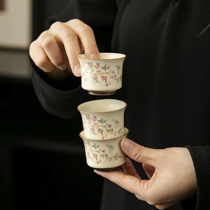 

1 Pc Chinese Retro Ru Kiln Tea Cup Hand-painted Flowers Ceramic Teacup Handmade Personal Tea Bowl Household Portable Tea Set