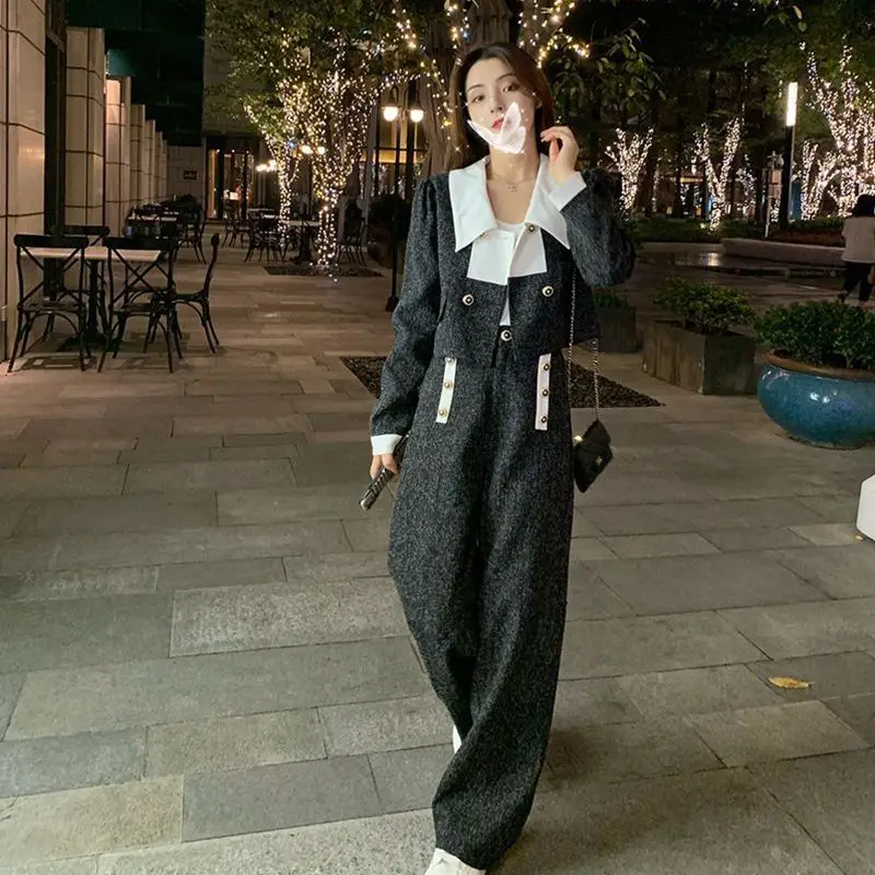 Fashion Women's Set Spring and Autumn Season New Korean Version Small Fragrance Top Temperament Wide Leg Pants Two Piece Set