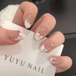 10Pcs Handmade Press On Nails Short Oval Glitter French Fake Nails Full Cover Pink 3D Bow Diamond  Design Wearable Nail Tips Art