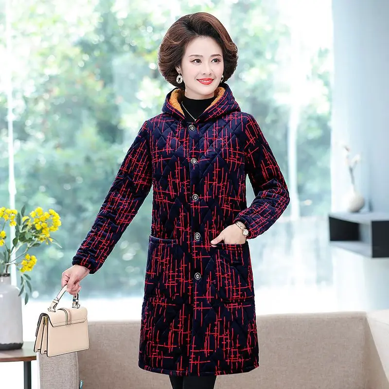 Middle-Aged Elderly Mothers Spring Autumn HoodedCotton Keep Warm Down Cotton Clothes Plus Velvet Small Padded Jacket Female Coat