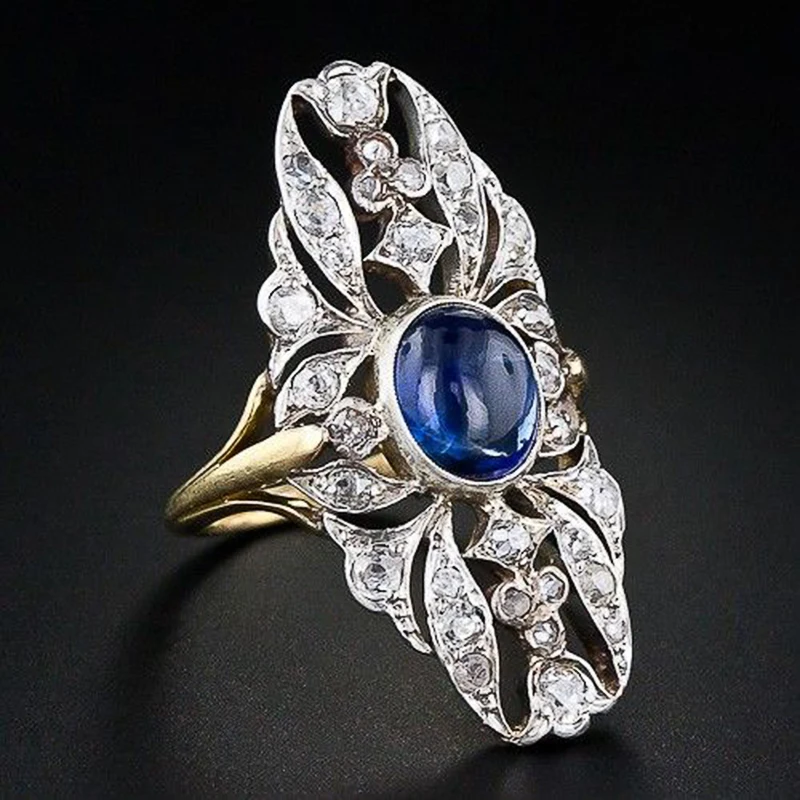 Huitan Luxus Zweifarbige Weibliche Ringe für Hochzeitstag Party Oval Blau Imitation Opal Stein Ringe Wunderschöne Dame Schmuck