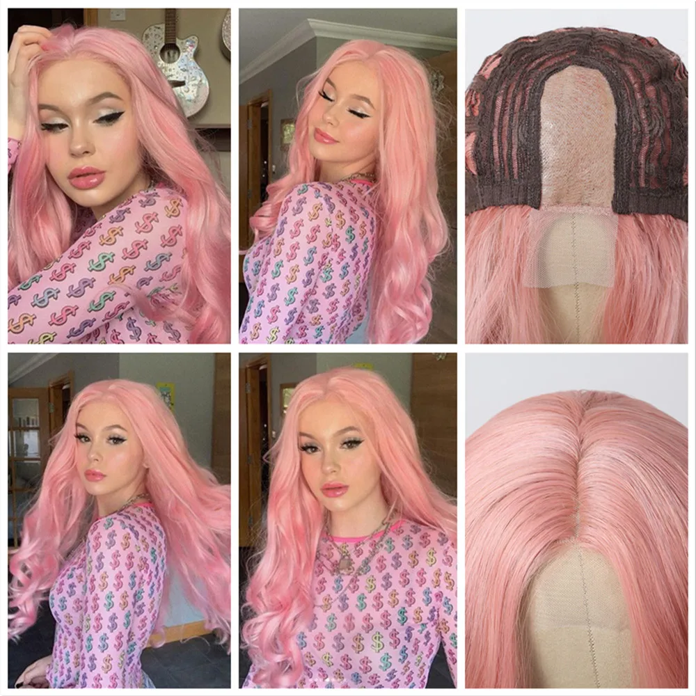 ALAN EATON Long Pink Wavy Wig for Women Middle Part Wig Synthetic Heat Resistant Fiber Hair Replacement Wigs for Daily Party Use