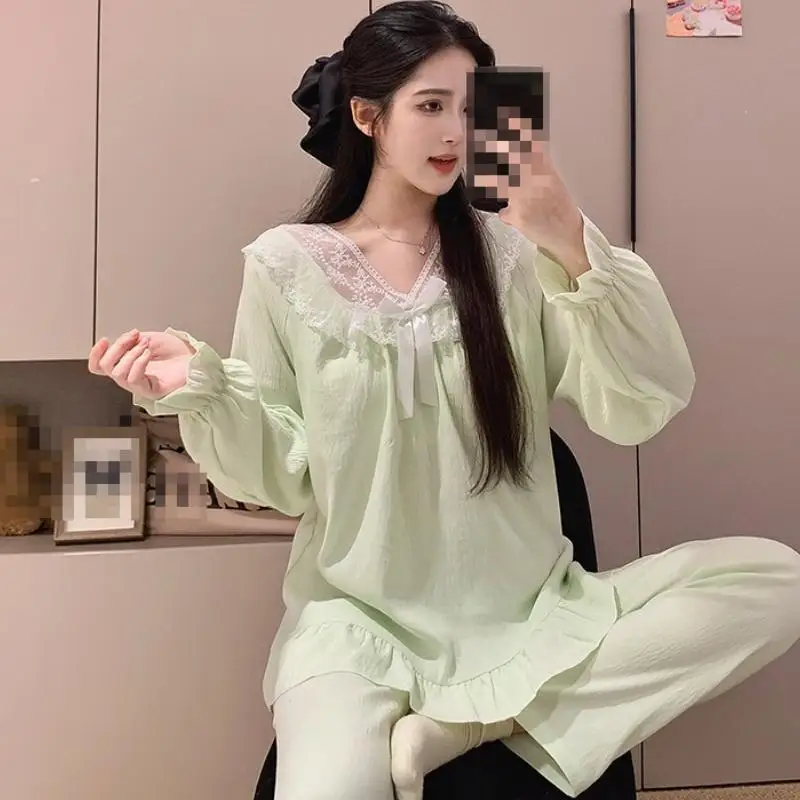 Women's Lace V-Neck Pullover Long Sleeved Long Pant Home Suit Set for Girls In Spring Autumn New Pajamas for Women Two-Piece Set