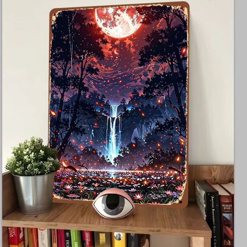 Enchanted Forest Waterfall with Fireflies Metal Wall Art Moonlit Night Scene Home Decor for Living Room Bedroom