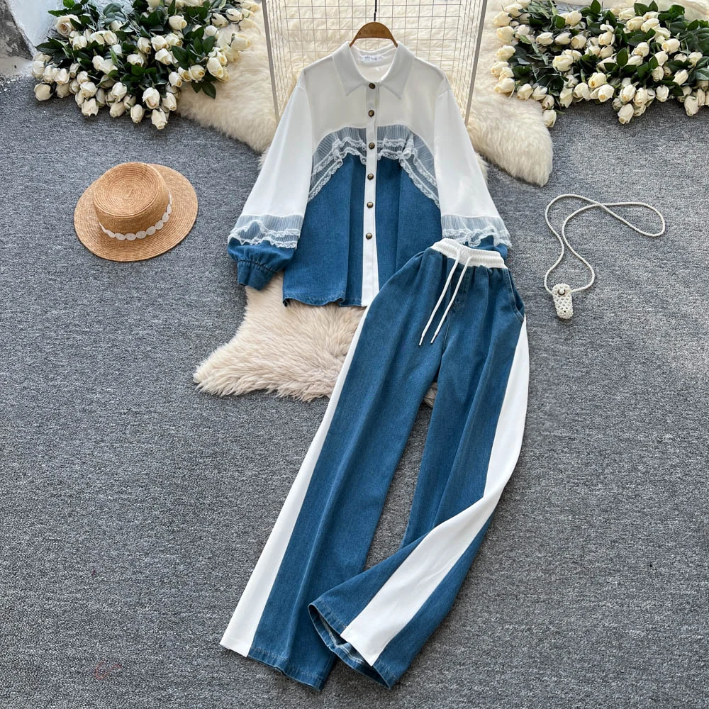 

Sexy Two Pieces Sets long sleeve Single Breasted Top with Fashion High Waist Wide autumn Leg Pant Sets