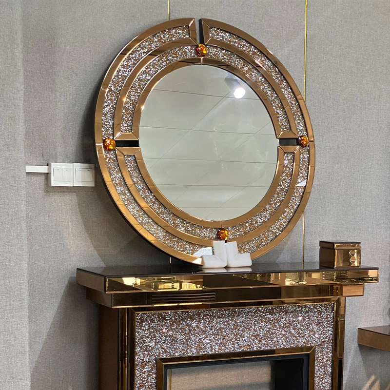 for WXM-1130 Wall Decora Silver Round Crushed Diamond Brown Wall Hanging Mirror