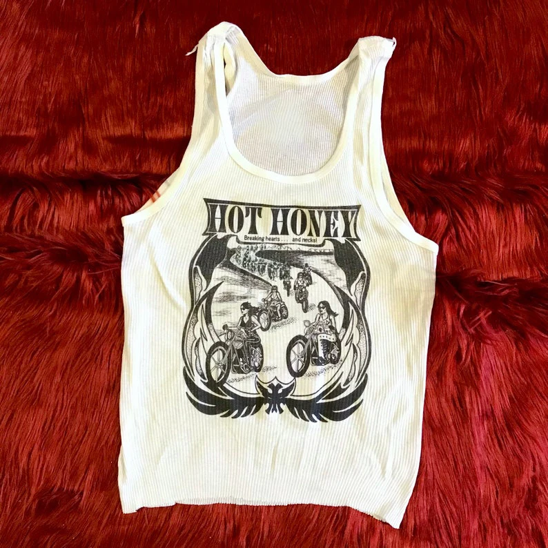 Ribbed Tank with Hot Honey Motorcycle Vintage Inspired Graphic 20 Inch Emo Girls Aesthetic Letter Print Grunge Goth Camisole Top
