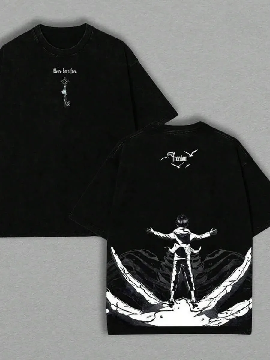Eren Jaeger Freedom Graphic Tee Attack On Titan Manga Abbigliamento Uomo Donna T-shirt in cotone Maglietta lavata retrò Maglietta Harajuku