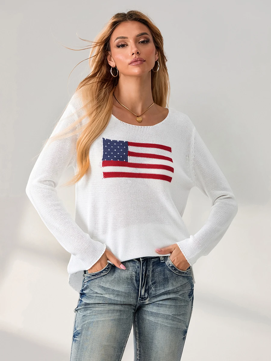 

New Fashion Womens Spring Autumn Knit Sweater Long Sleeve Crewneck Flag Print Loose Fitting Knitwear Hot Sale S-XL