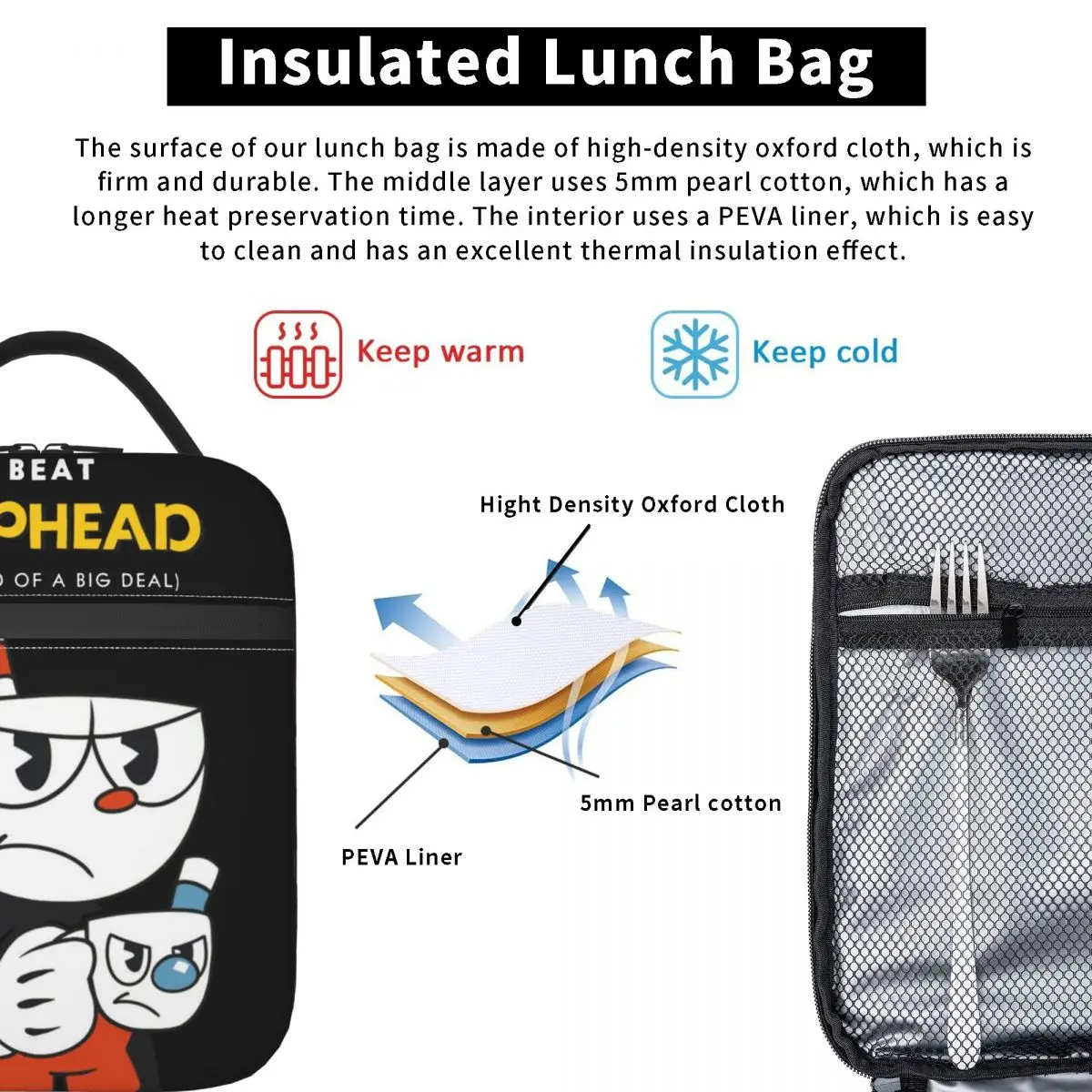 Cuphead And Mugman Angry Accessories Insulated Lunch Bags For School Food Storage Bag Portable Thermal Cooler Lunch Boxes