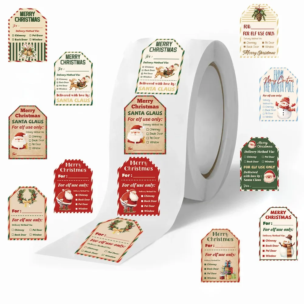 500Pcs Christmas Stickers Roll, Santa Elf Delivery Tags Vintage Adhesive Tape Waterproof Synthetic Labels for Xmas Gift Wrapping