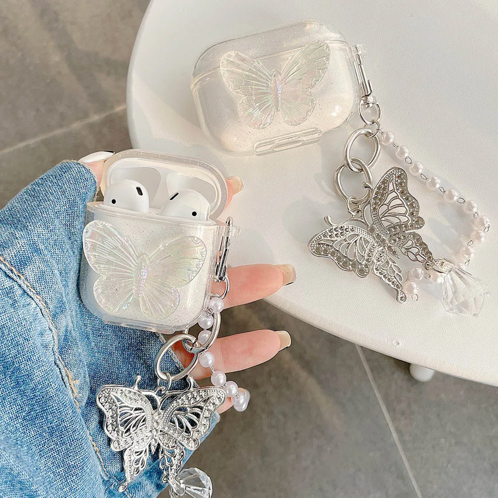 

3D Cute Butterfly Funda for Airpods Pro 2 Case Soft Clear Earphone Accessorie Cover for Air Pods 1 2 3 Case Pendant Pearl Chain