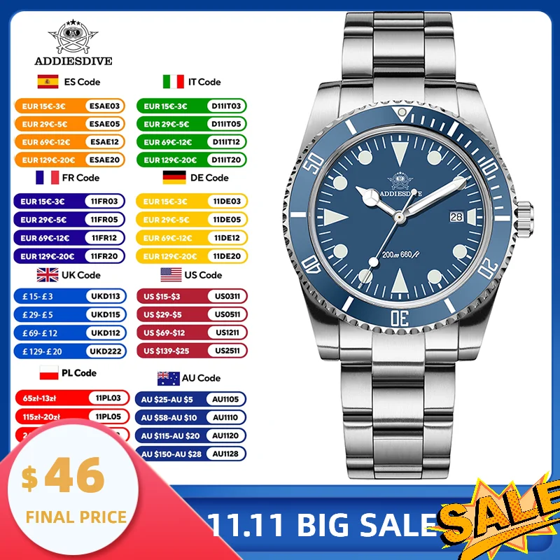 

ADDIESDIVE Luxury Men's Analog Watch BGW9 Luminous Ceramic Bezel Bubble Mirror Glass Diver's Watch 200m Quartz Watches AD2068