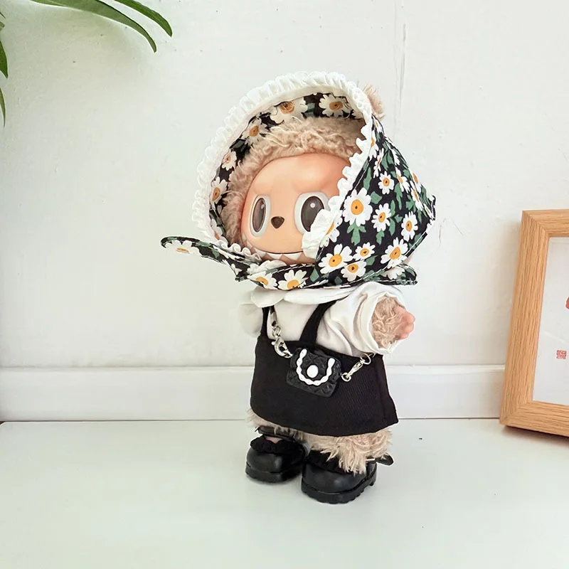 ลาบูบู 1st - 3rd Gen ชุดวินเทจลายดอกไม้ผ้าโพกศีรษะเดซี่และชุดเอี๊ยมสีดำสำหรับตุ๊กตาขนาด 15/17 ซม.