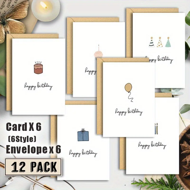 Ensemble de 12 cartes d'anniversaire avec enveloppes, design de cadeau adorable, cartes de vœux en papier de qualité supérieure, parfaites pour la famille, les amis, les collègues.
