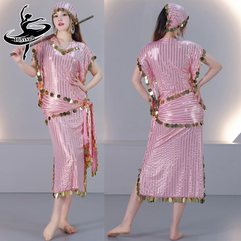 

Women Egyptian Belly Dance BALADI Dresses Saidi Short Robe Folk Dance Outfit Gilding Stripe Coins Costume Golden Belt Kerchief