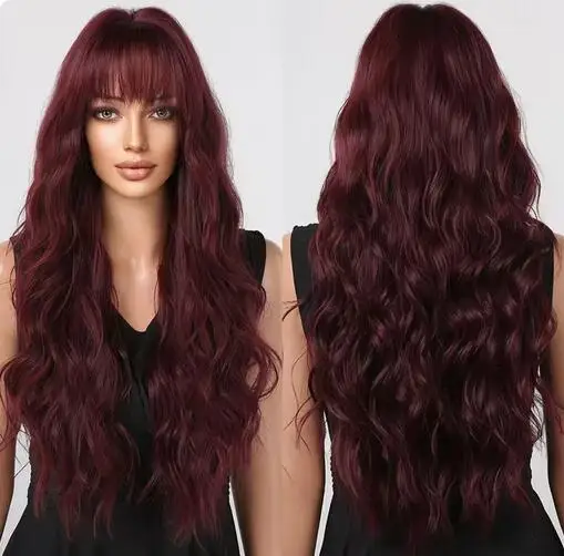 

Synthetic Dark Wine Red Long Wavy Hair Wig with Bangs Burgundy Cosplay Party Wigs for Women Natural Heat Resistant Fibre