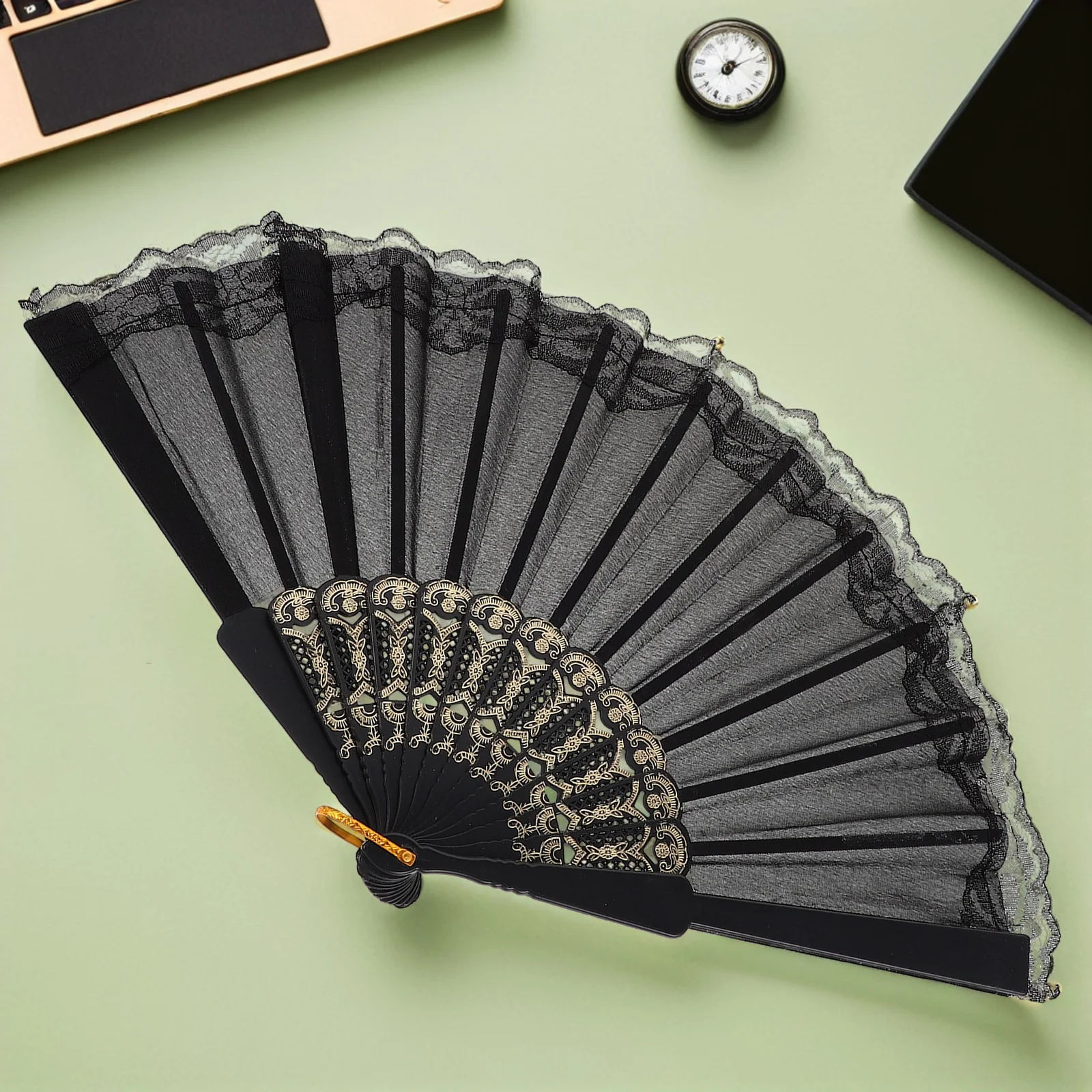

6pcs Vintage Lace Folding Fans For Women Handheld Chinese Lolita Style Plastic Fan Set With Black Retro Design Dance Party