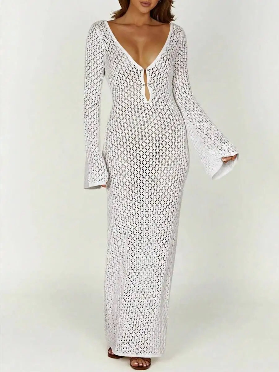 

Women V Neck Crochet Maxi Cover Up Dress Long Sleeve Beach Swim Vacation