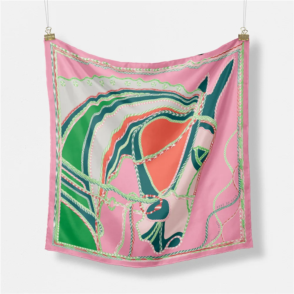 53*53CM Twill Silk Scarf Women Horse Print Square Scarf Bandana Small Hijab Foulard Ladies Tie Headband Neckerchief Accessories
