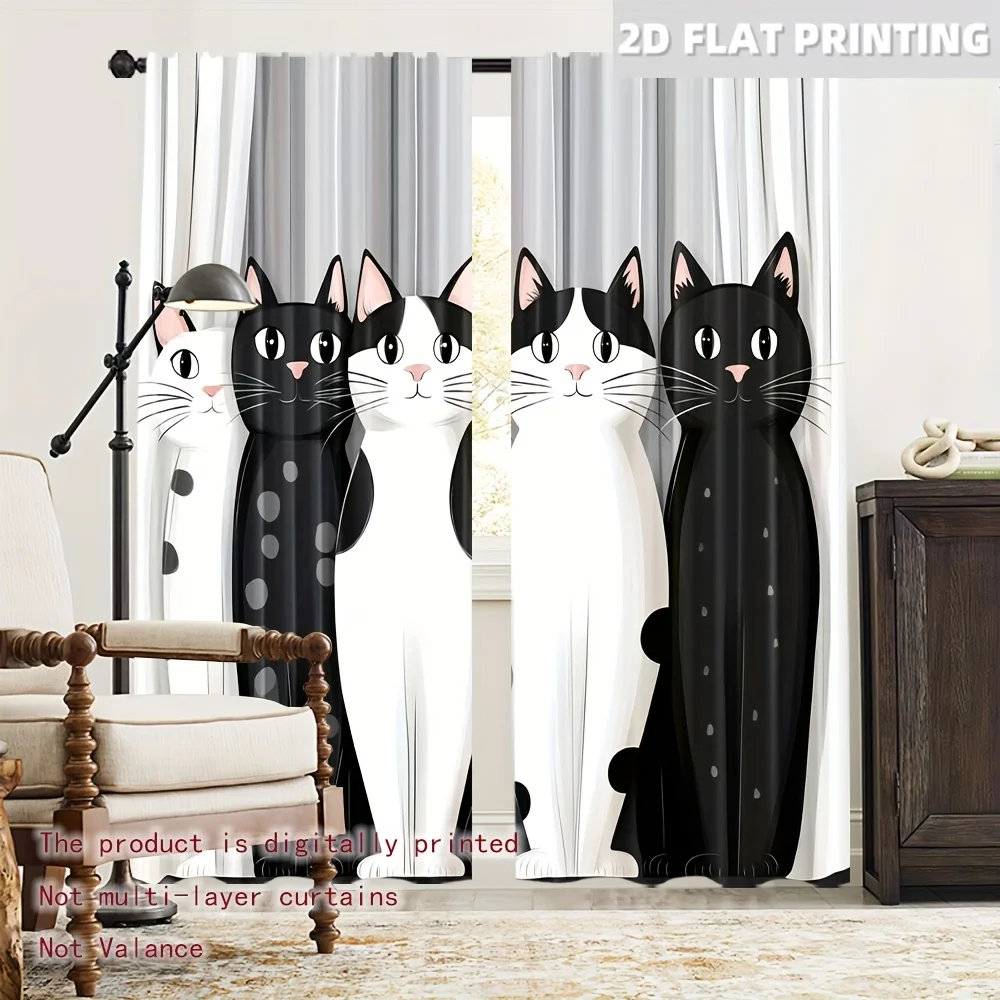 Cute Cartoon Cat Blackout Curtains - Japanese Style Kawaii Black and White Cat Graphic Window Drapes for Kids Bedroom Decor