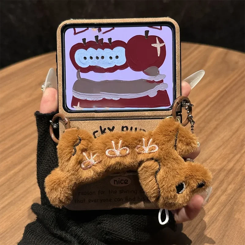 

zflip7 Case Cute Brown Lucky Puppy Wrist Strap Phone Case for Samsung Galaxy z flip 7 6 5 Cover Leather