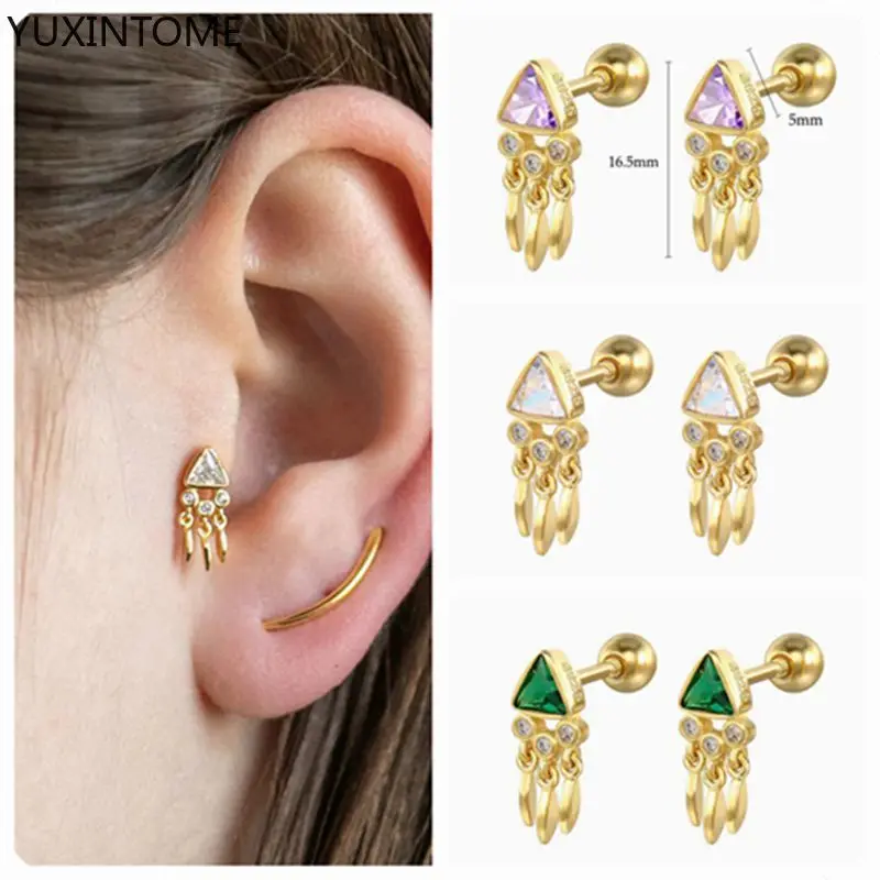 925 Sterling Silver Ear Needle Triangular Zircon Stud Earrings Tassel Pendant cartilage nut Earrings Fashion Wedding Jewelry2023