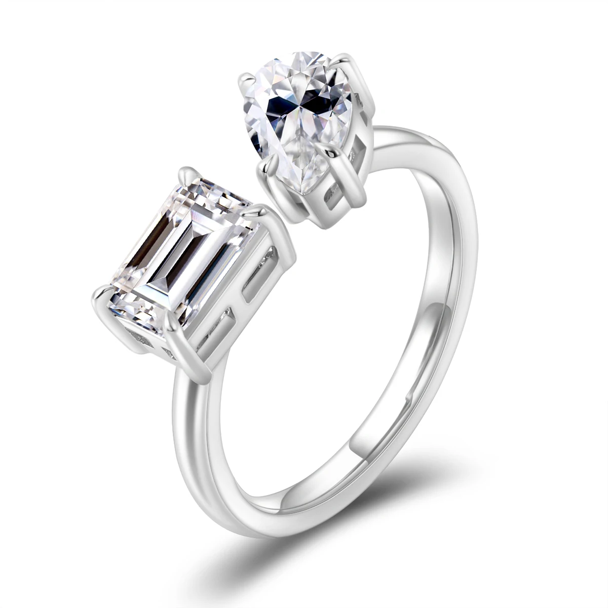 

Provence 10k14k White Gold Moissanite Open Toi et Moi Ring With Pear cut and Emerald cut For Women Wedding Anniversary Gift