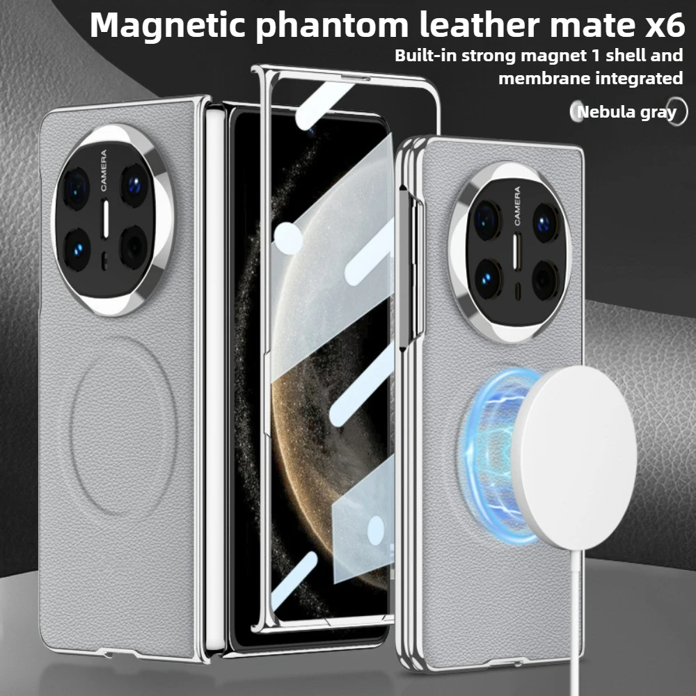 

For Huawei Mate X6 Magsafe Case Luxury Electroplated Matte Leather Built-in Magnetic with Tempered Film Folding Shockproof Cover