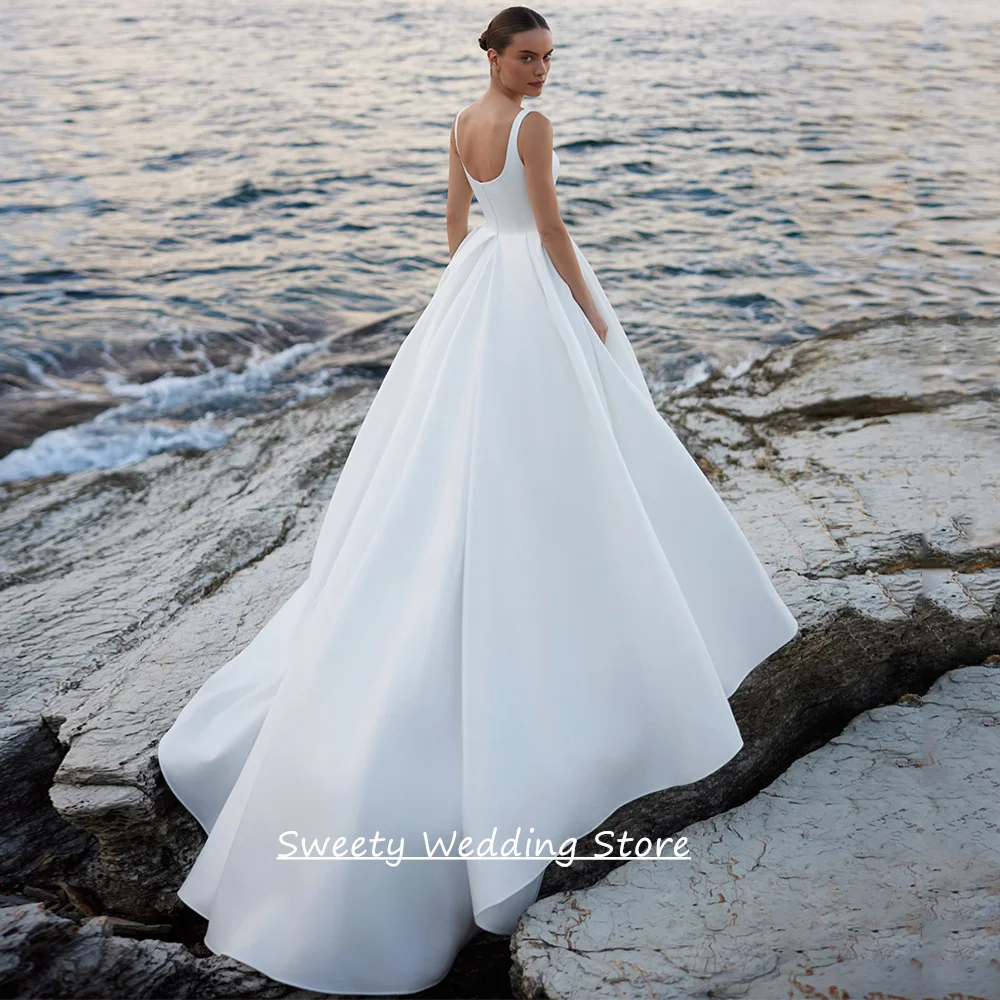 Simple Wedding Dress Vestidos De Novia 2026 Customized Square Neck Sleeveless Sweep Train Back Zipper Satin Bride Gown