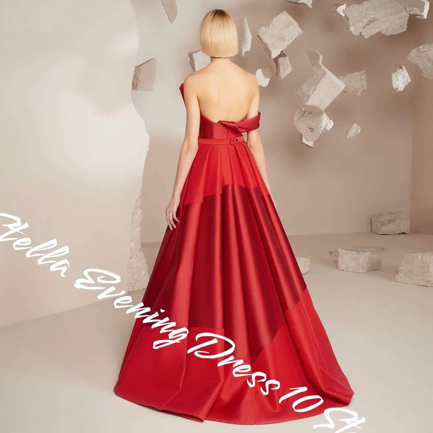 Customized  Exquisite Red Satin Evening Dresses Temperament Draped Strapless Bridal Party Delicate Off the Shoulder Par