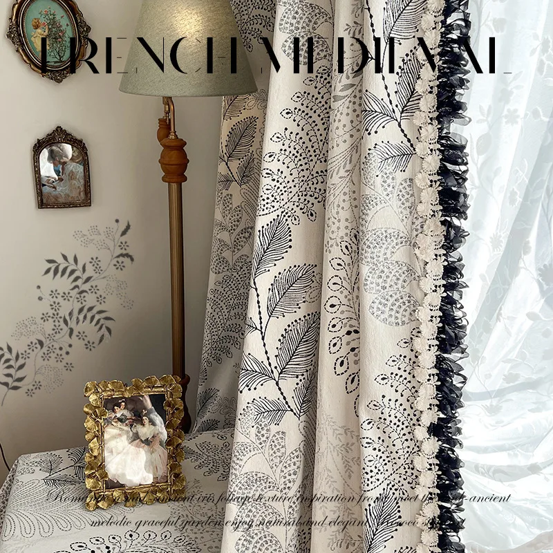 1Pc French Vintage Botanical Semi‑Blackout Curtain Black‑White Ruffle Lace Trim Rod Pocket for Bedroom Living Room Home Decor