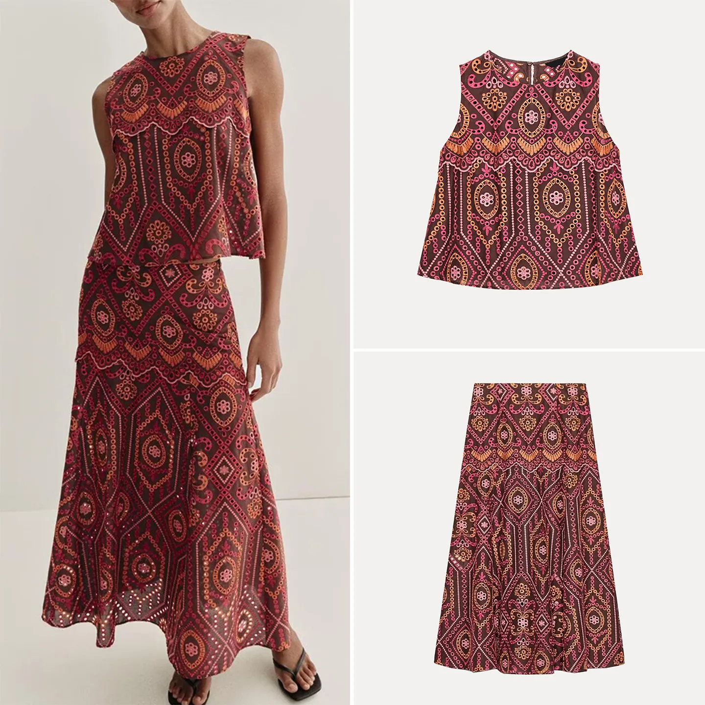 

Women's Spring 2026 Embroidered Hollow out Top And Midi Skirt Set Faionable Breathable Casual Comfortable Two-Piece Outfit