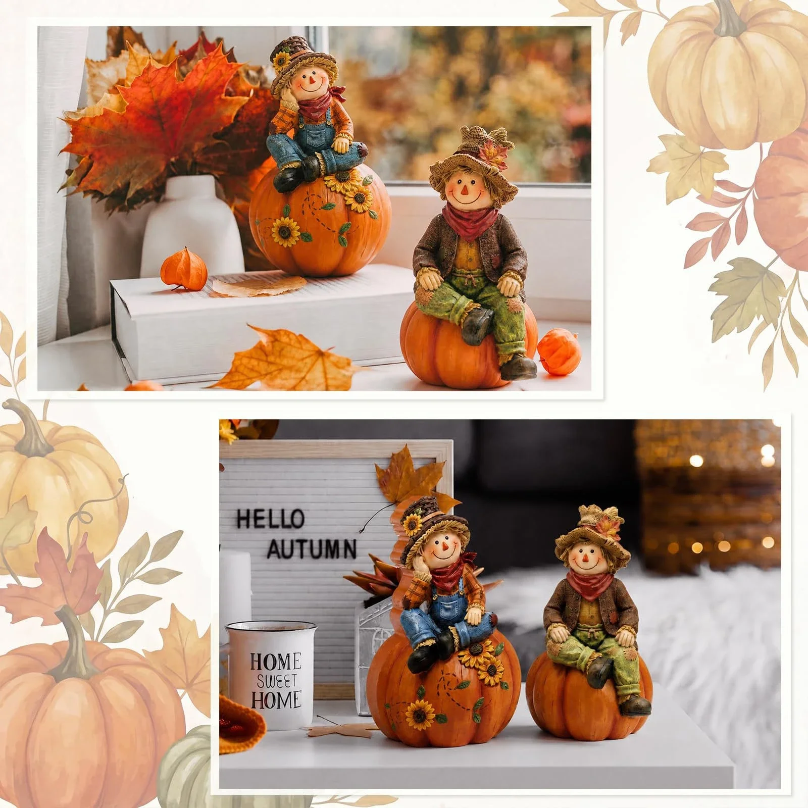 Herbstliche Erntedekoration: Kürbis-Vogelscheuche, 2-teiliges Set, Thanksgiving-Sonnenblume, Ahornblatt, Heim- und Schreibtischdekoration – Detail 4