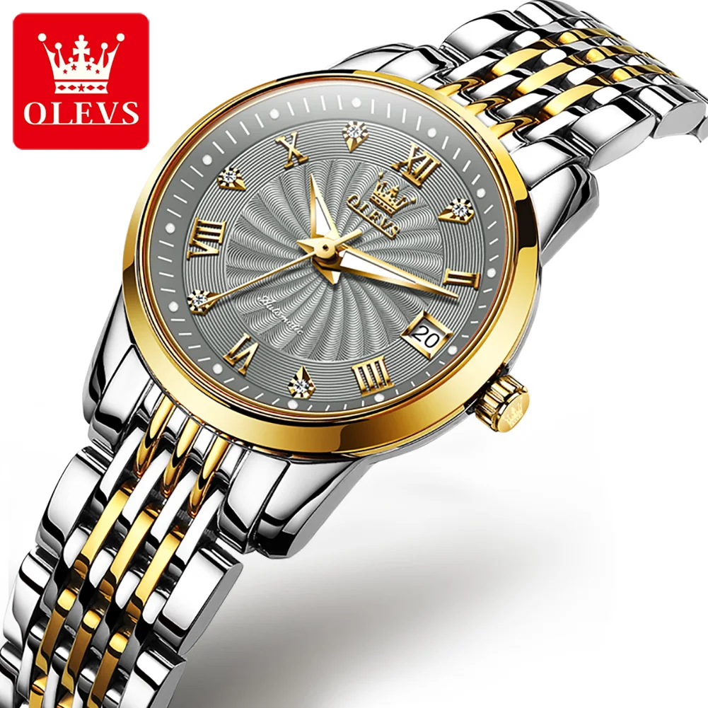 OLEVS-Montre mécanique de luxe pour femme, acier inoxydable, étanche, calendrier Shoe, montres automatiques à la mode, marque